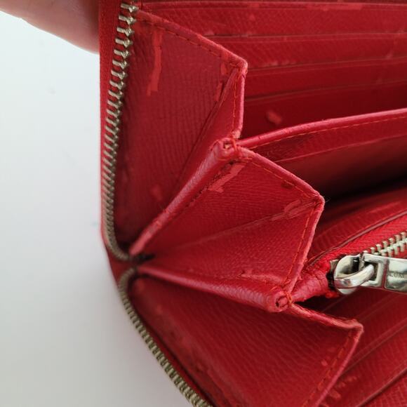 Coach Leather Wallet Solid Red Zip Around Large Clutch Crossgrain Leather Fair - Picture 8 of 15